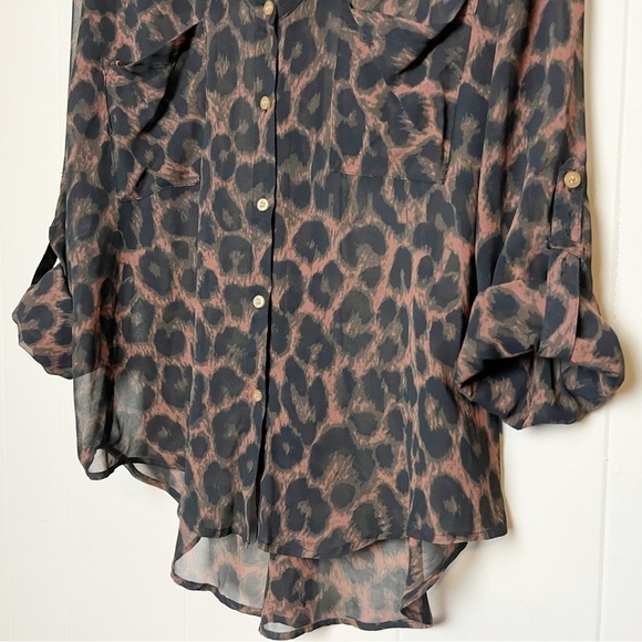 Free People Easy Rider Leopard Button Front Blouse small shirt top flowy brown - Picture 4 of 11